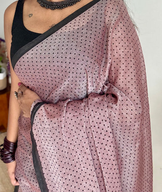Warm greyish pink with black polka dots mul cotton saree - YCBCMCAP50