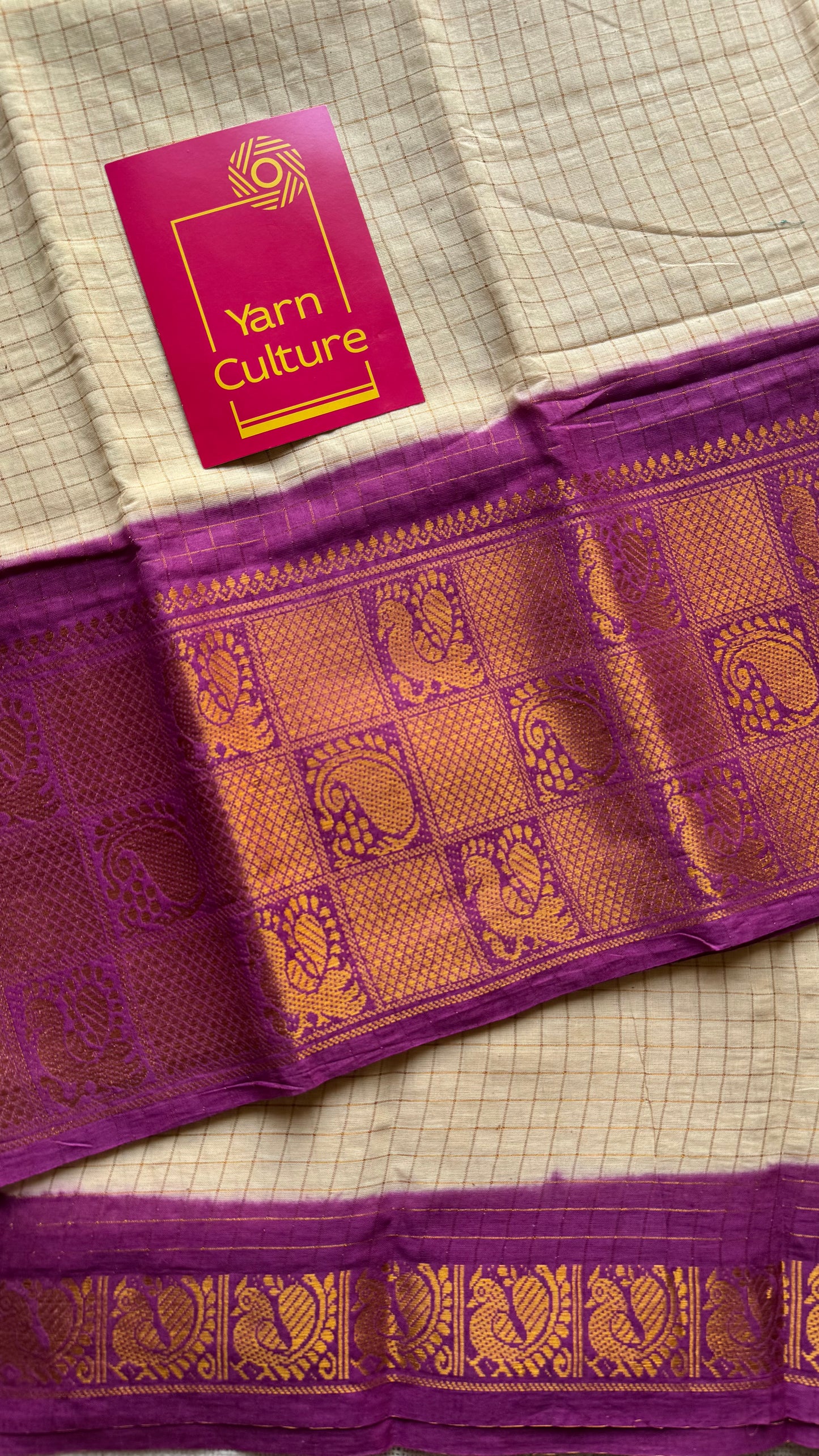 Ivory checks with dark magenta mayuri checkered zari border, madurai cotton - YCCOTNOCSC01