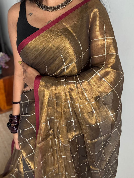 Bronze with maroon border, checkered sequins work, mul tissue - YCBCMCJA12