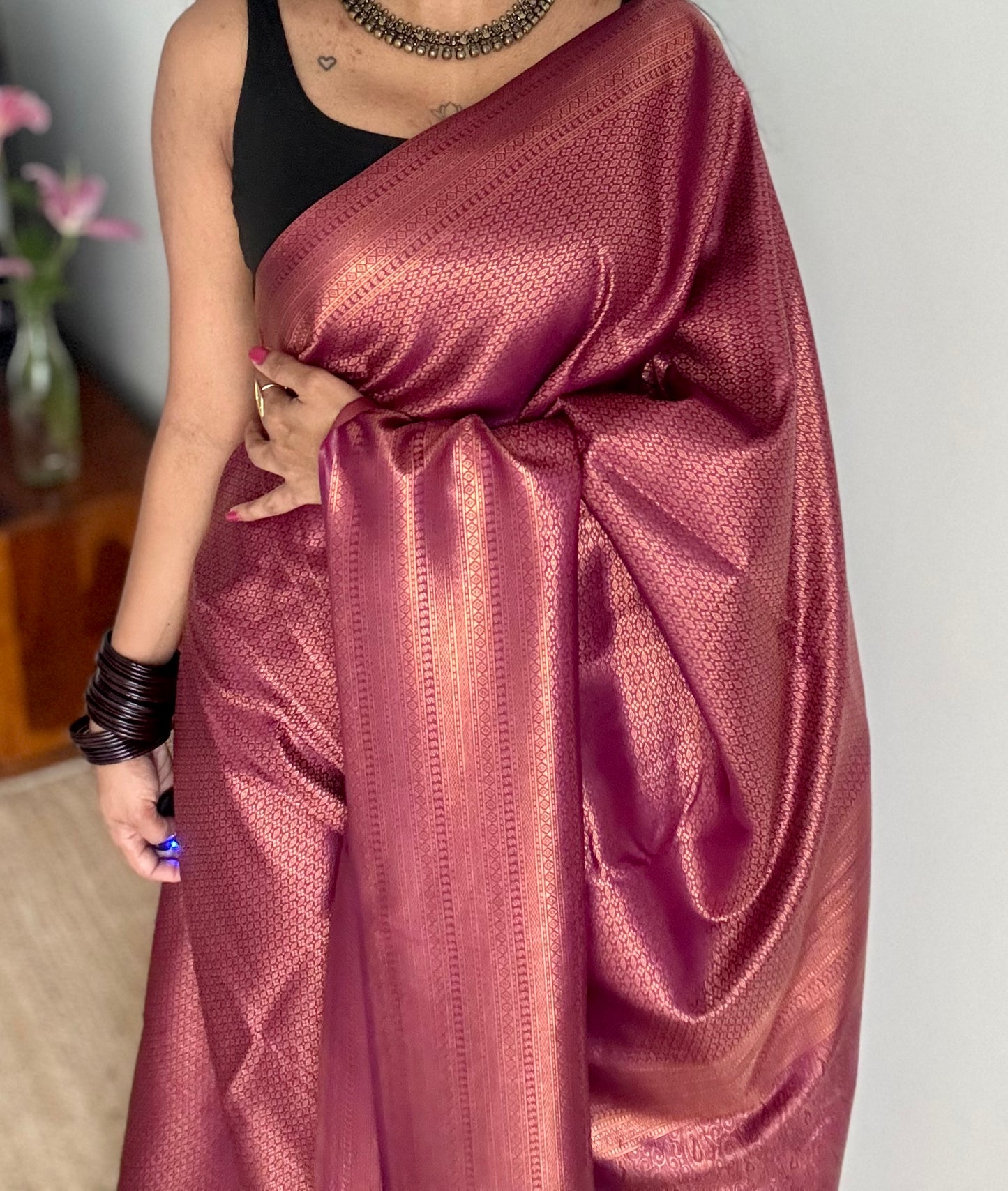 Wine, antique gold zari, semi-silk - YCDOSOCSS05