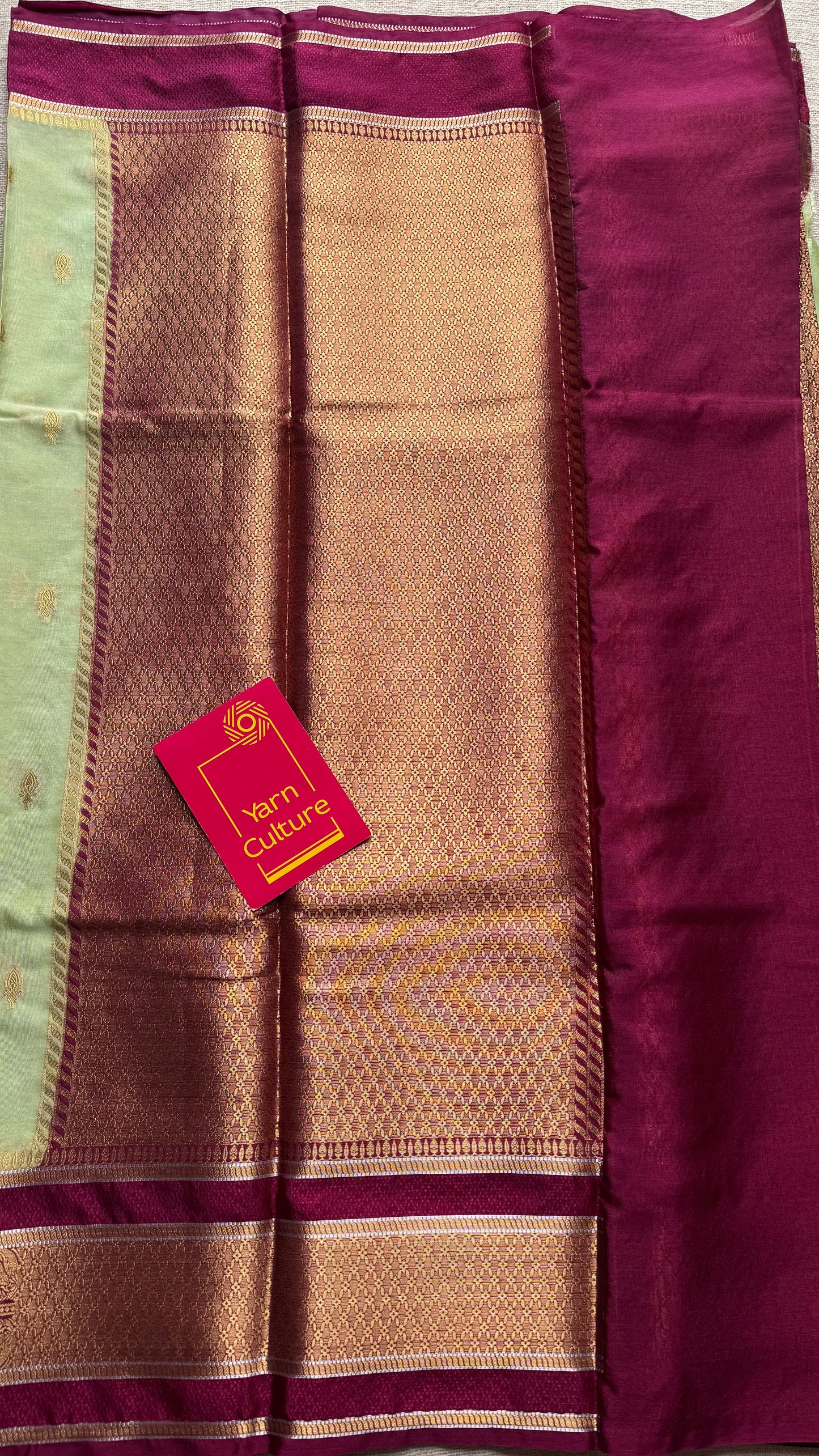 Pista green with maroon border, Banarasi semi-silk - YCDESE05