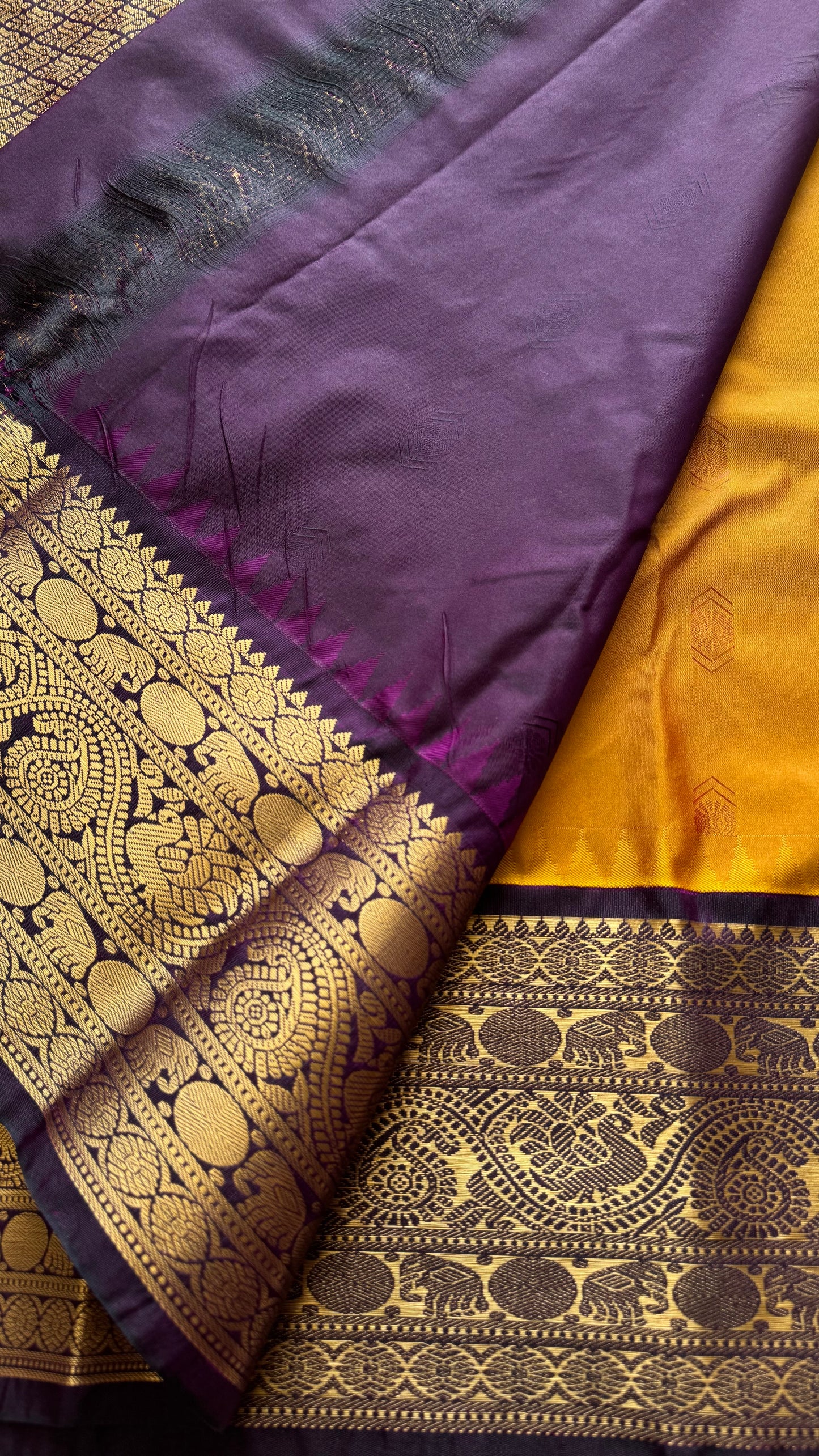 Vaidhi - mustard with deep purple, handloom korvai semi silk - YCCOTNFEJUKS02