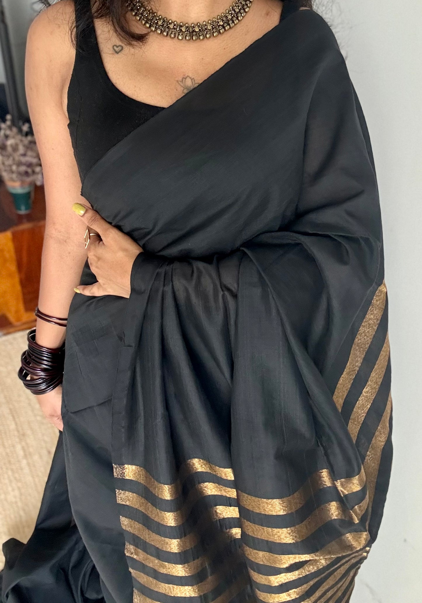 Black khadi with antique gold pallu - YCBCKZPSE01