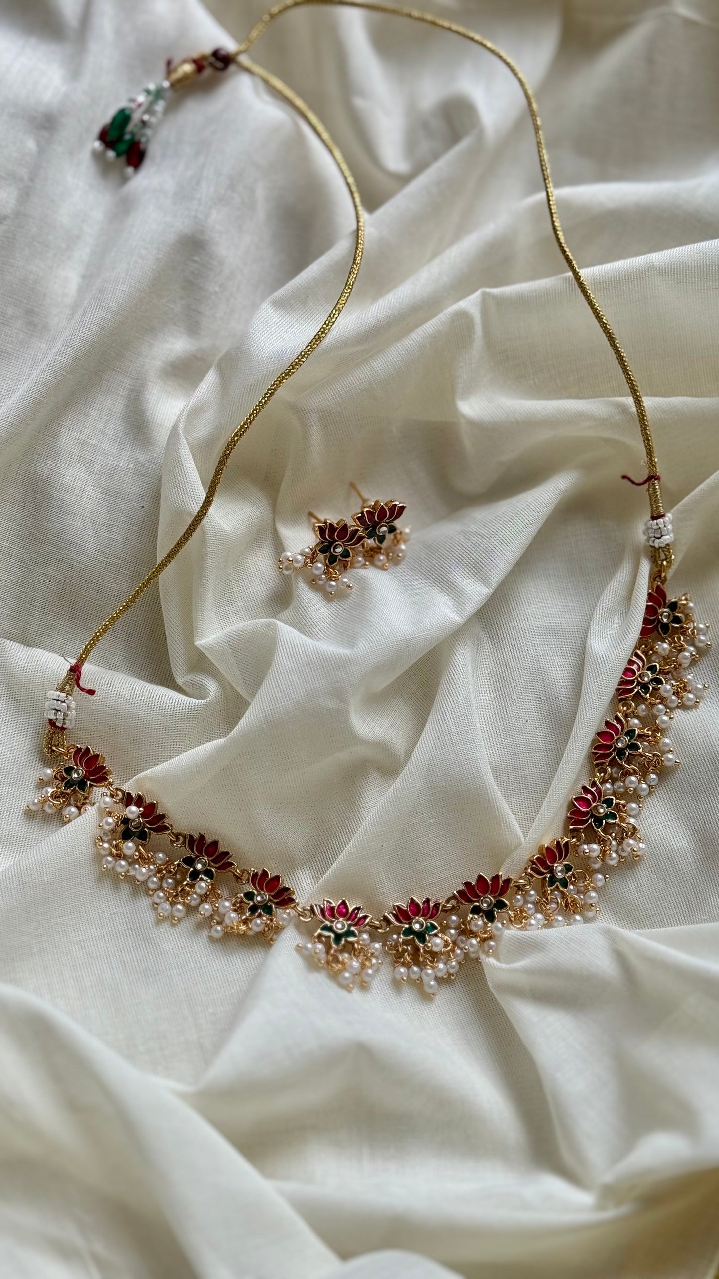 Pink and green lotus with pearl drops and earrings - YCAGC113