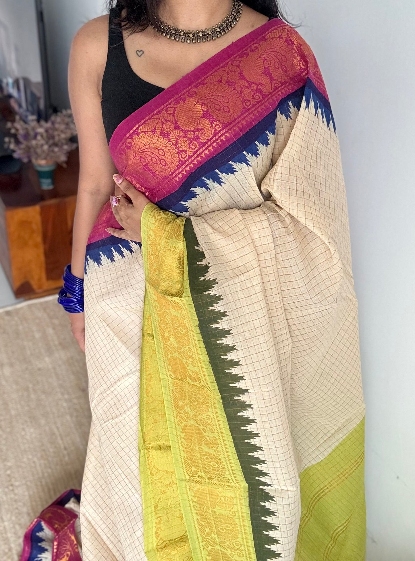 Magenta - bright green sungudi cotton checks, sandal colour base, soft cotton - YCCOTNJSUN07