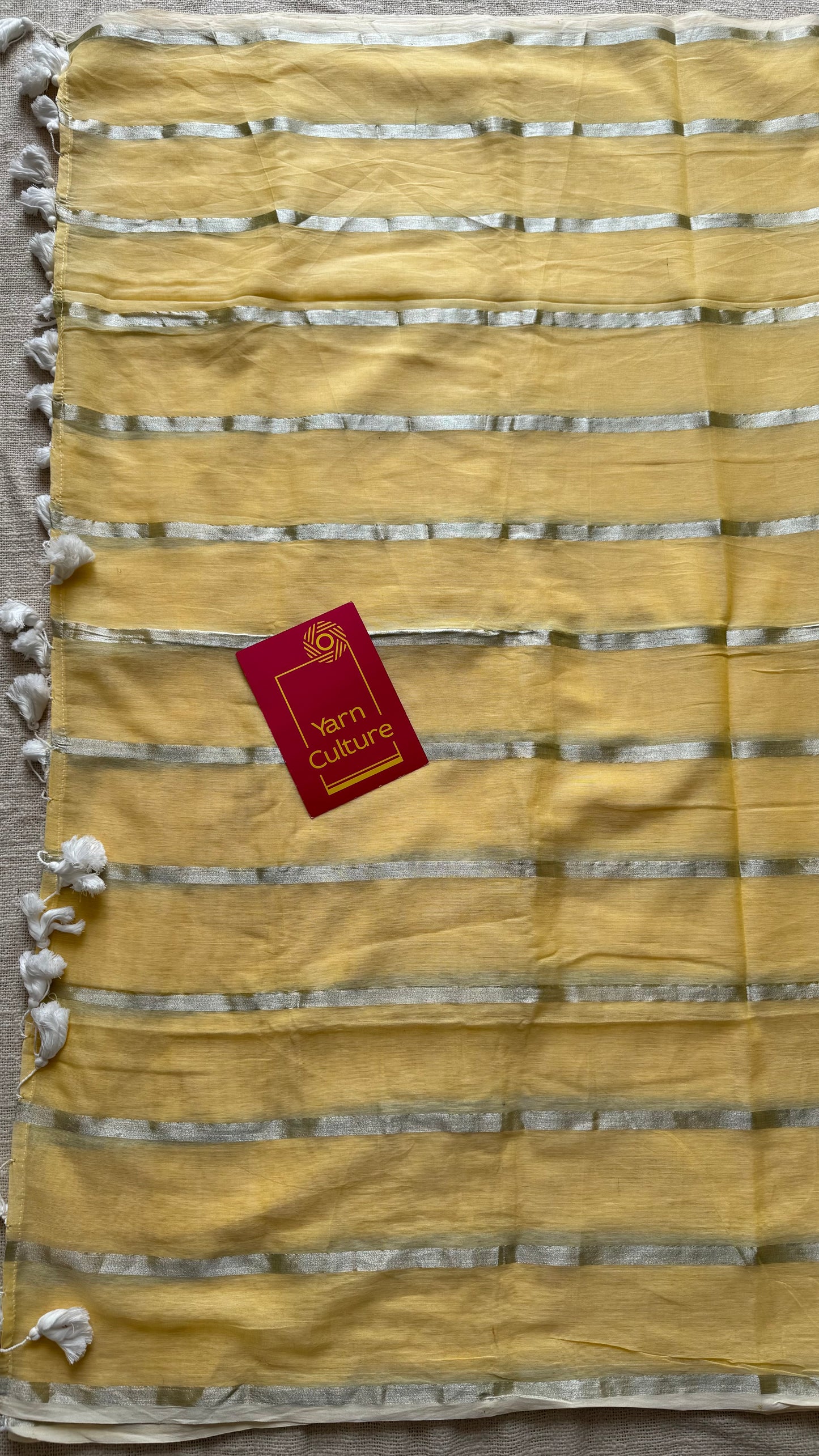Butterscotch swirl - pastel yellow with silver zari stripes, mul cotton - YCBCJULMS03