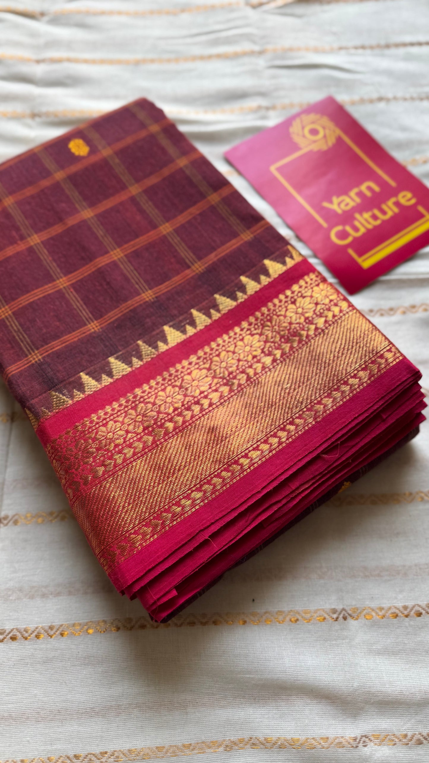 Maroon and fuchsia pink contrast, checkered Chettinad cotton saree - YCCOTNMA266