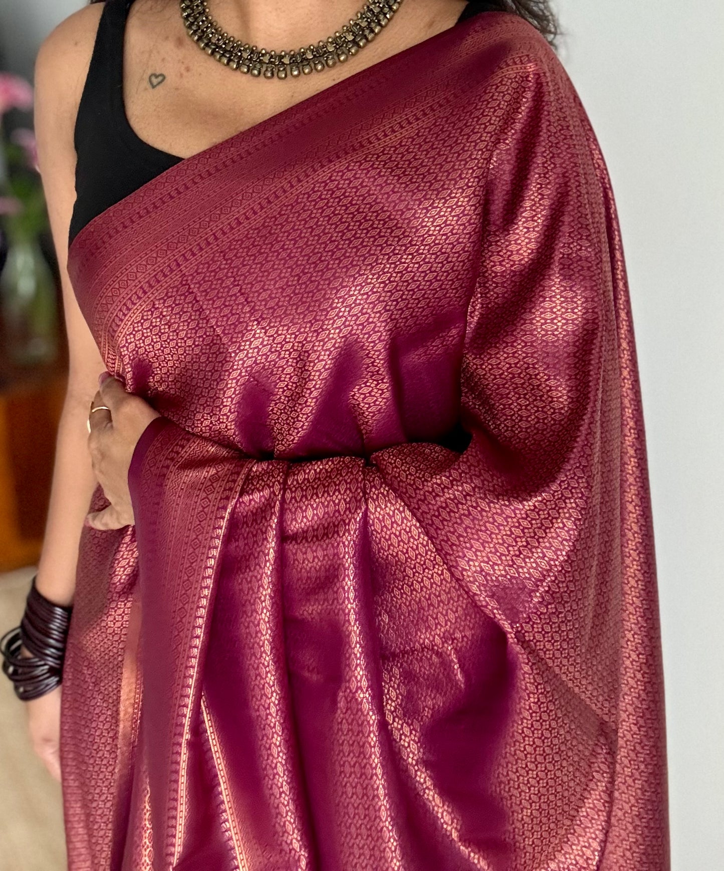 Wine, antique gold zari, semi-silk - YCDOSOCSS05