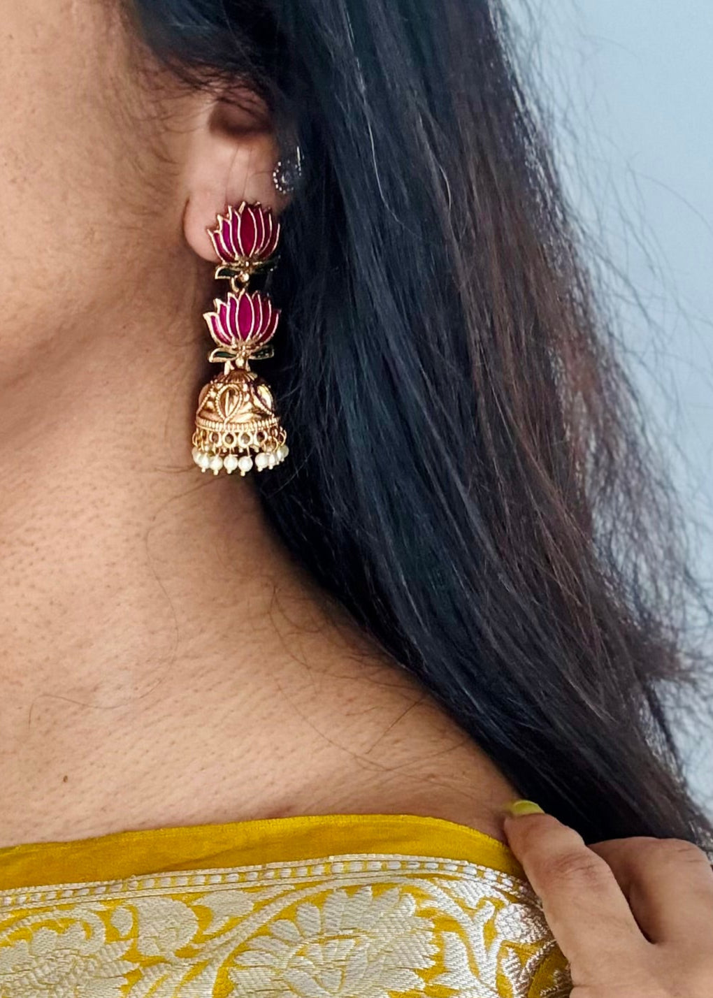 Antique gold purple pink (vadamalli) lotus jhumka - YCAGEJ283