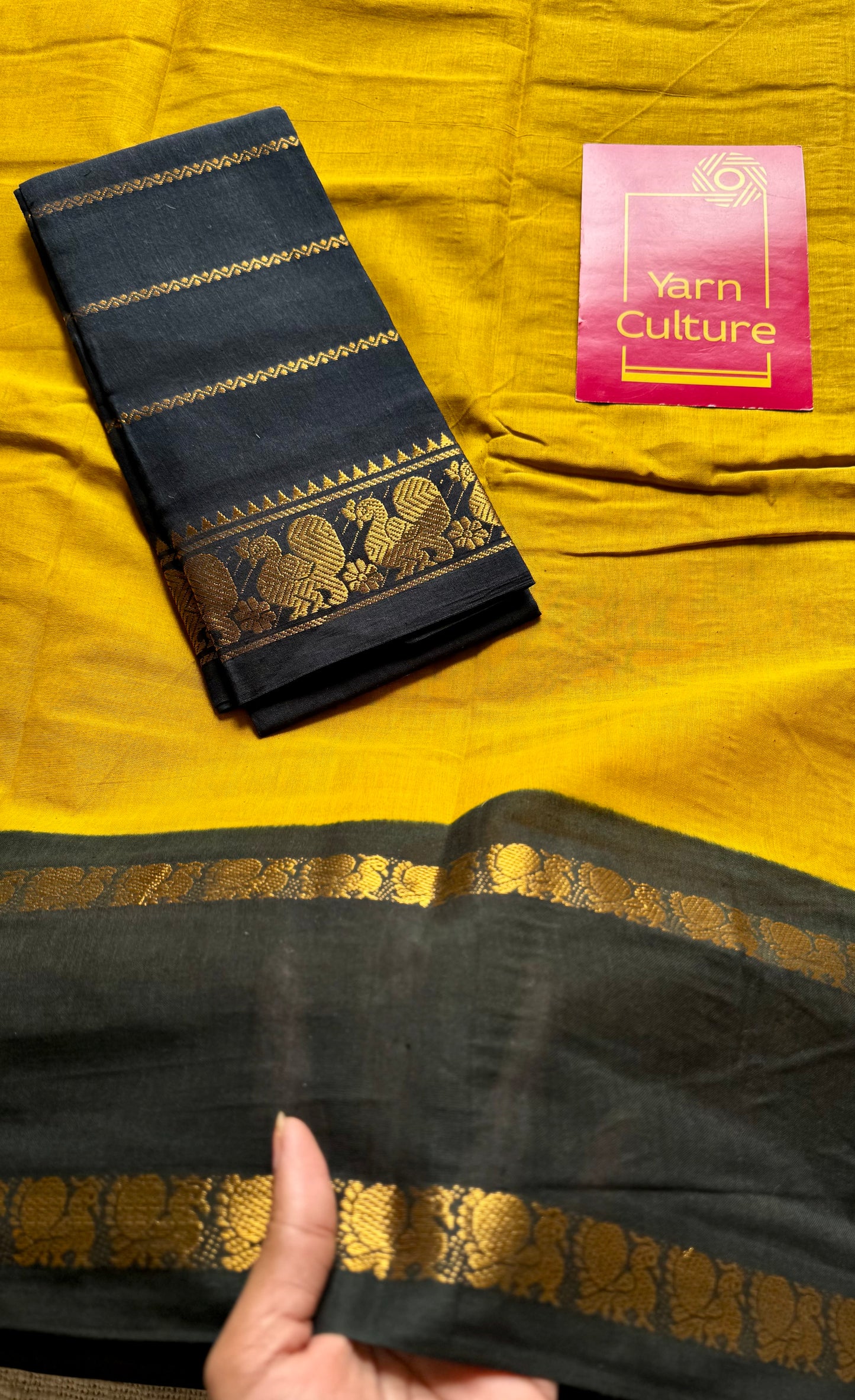 Turmeric yellow with black, rettaipettu sungudi, soft cotton - YCCOTNJSUN06