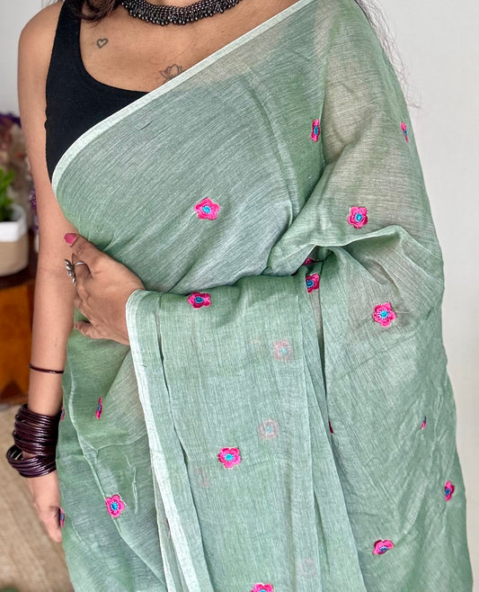 Mint green with dark pink floral embroidered mul cotton saree - YCBCMCAP46