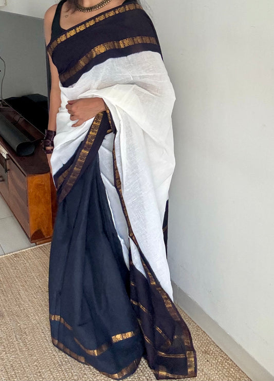 White with black, sungudi cotton half-half saree - YCCOTNMSFE368