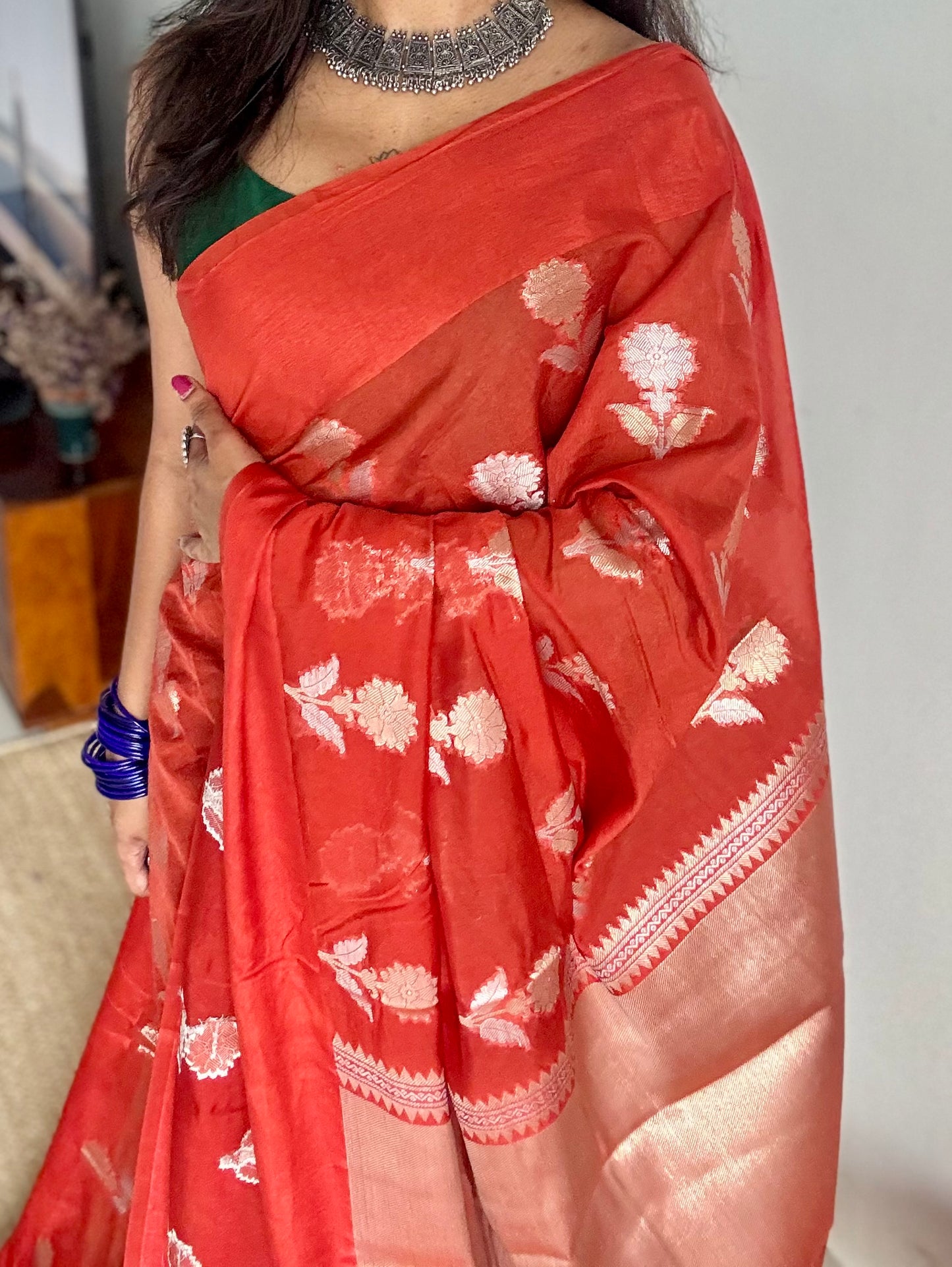Rust orange with gold and silver floral buttas, Banarasi semi-crepe silk - YCDESE50