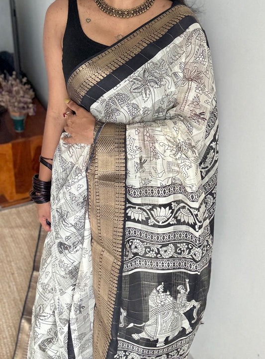 Off white and black, printed kalamkari, semi-tussar - YCWOTDSTK09