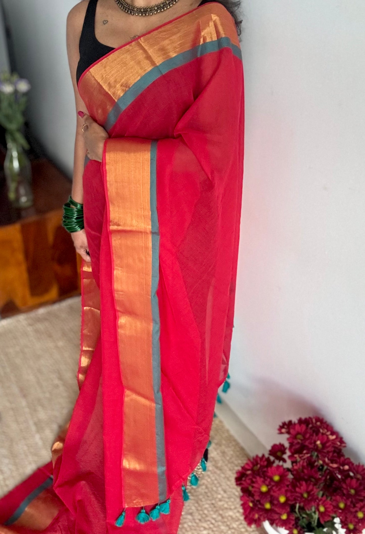 Red mul with green and antique gold zari border - YCBCMCLSE26