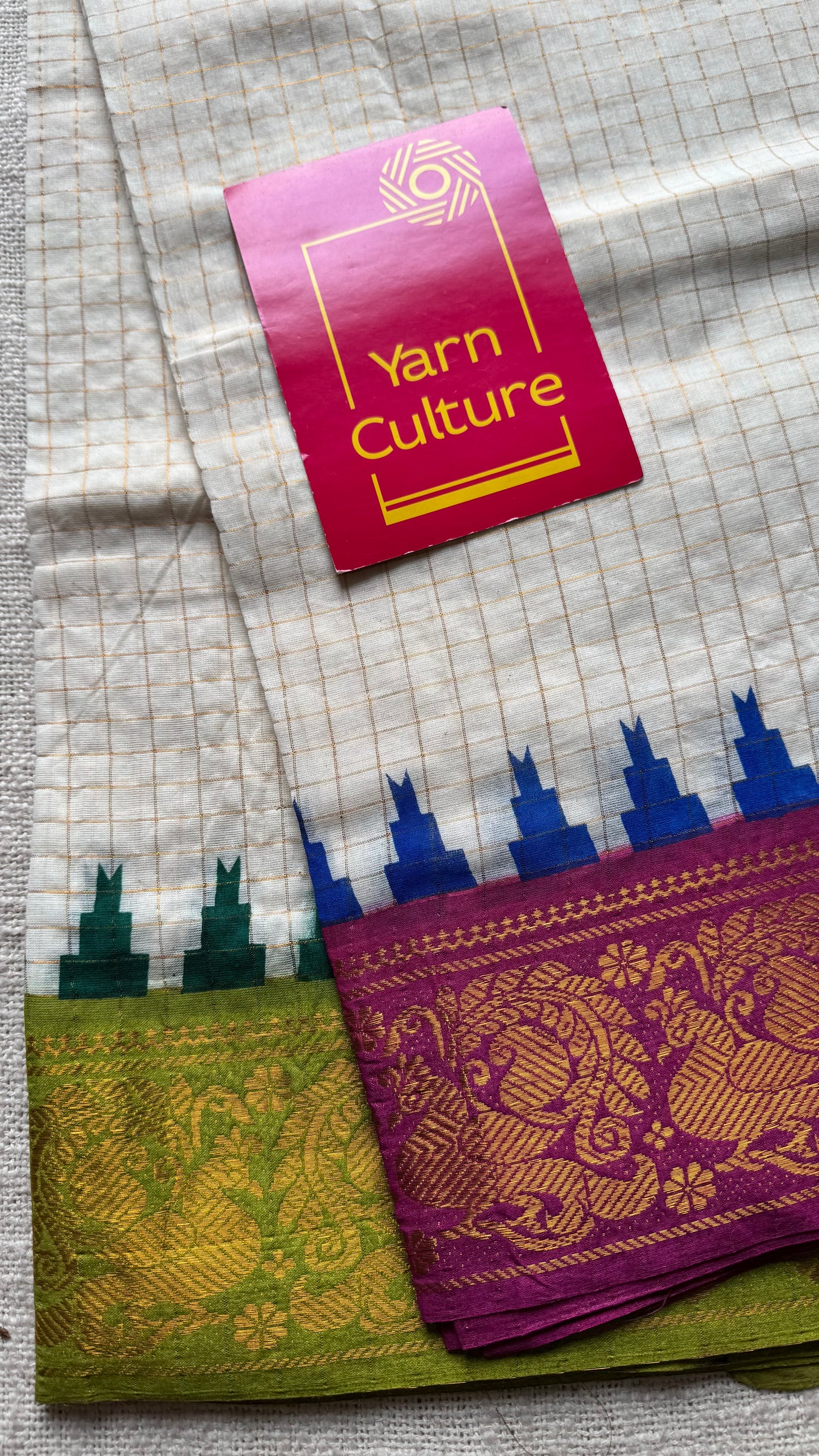 Sungudi cotton checks, ivory gold base, green and magenta dual tone border, soft cotton - YCCOTNSEMS60