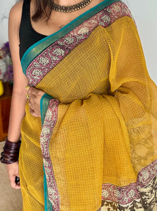 Haldi Pop - Mustard yellow kota doria saree, with gold zari border - YCTORKDAP07