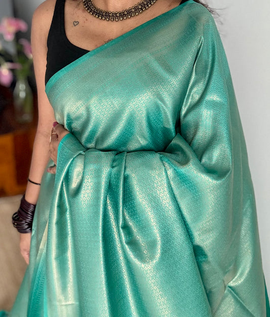 Firozi blue, antique gold zari, semi -silk - YCDOSOCSS03