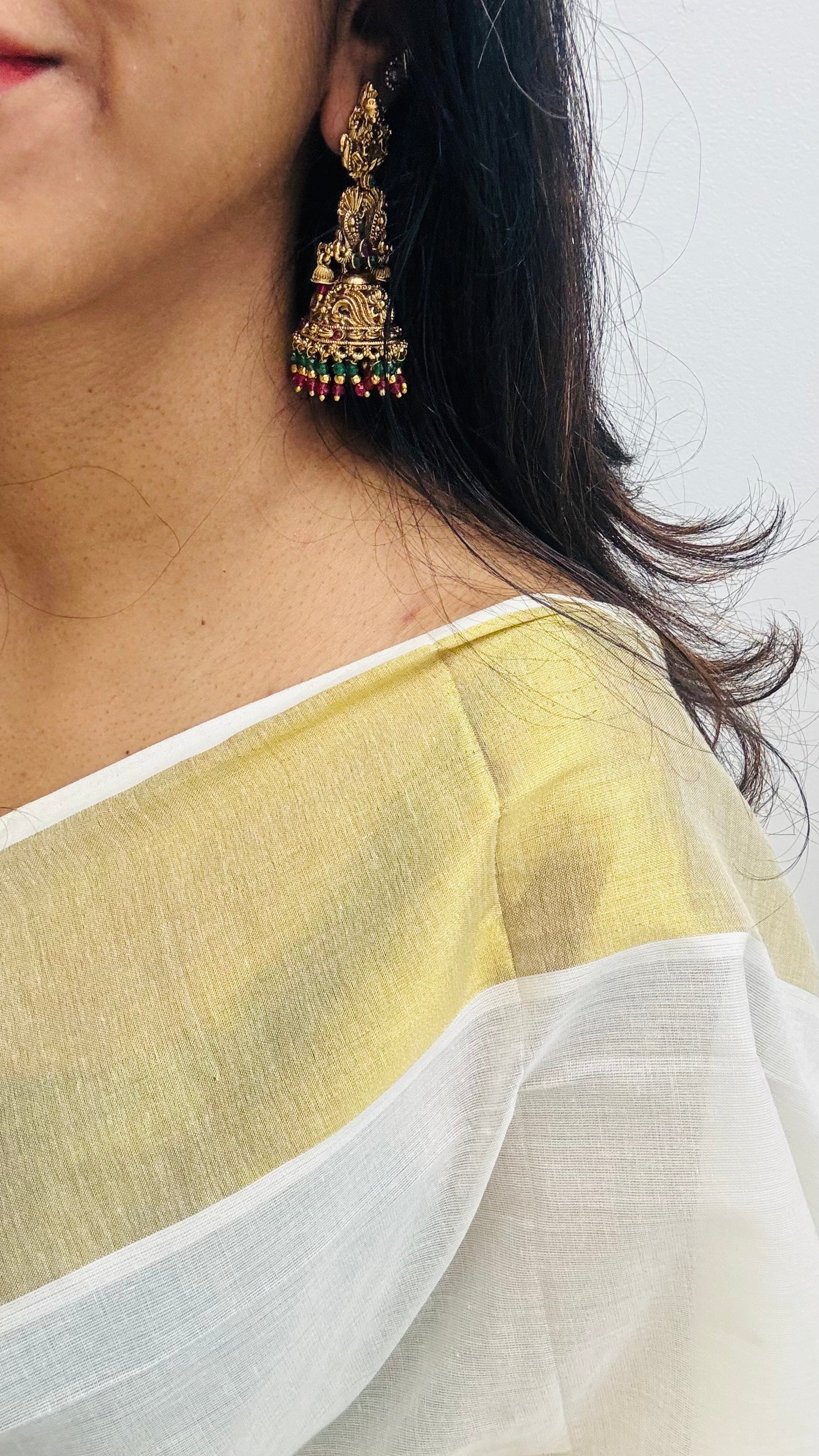 Jhumka with dark pink and green drops, antique gold - YCAGJK89