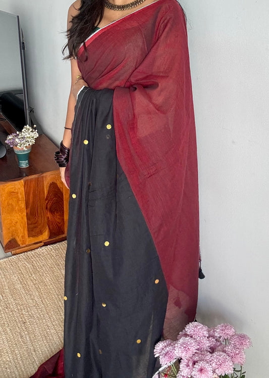 Maroon with black half-half patterned mul with sequins and silver lace border - YCBCMCNO72