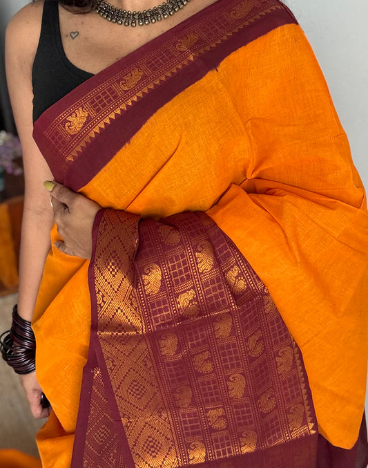 Mango yellow with maroon border, sungudi, madurai soft cotton - YCCOTNSUJA02