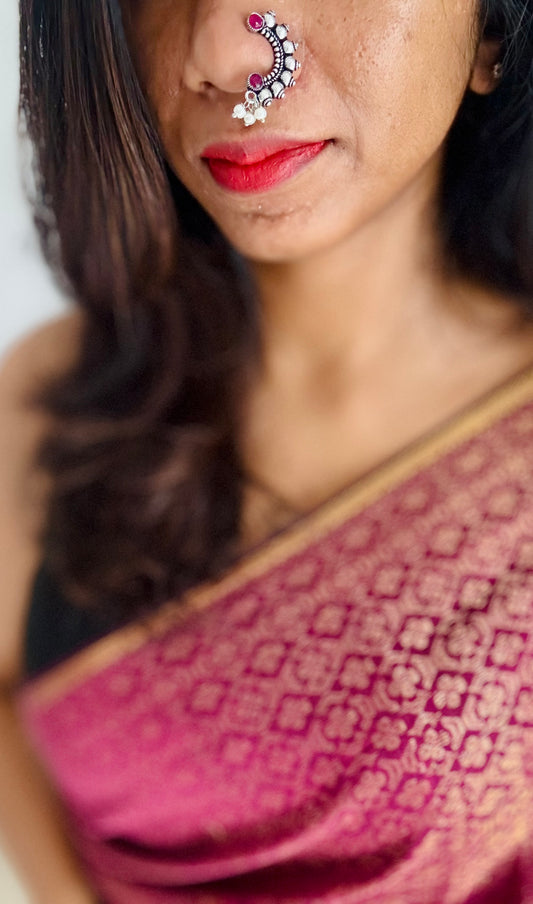 Oxidised silver, ruby stone, clip on Maharashtrian nath - YCOSNC195