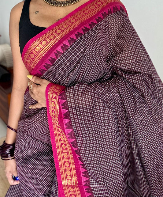 Dark brown with pink contrast, checkered kanchi cotton saree - YCCOTNJU18