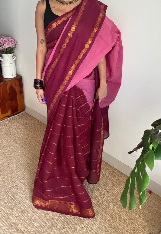 Dusty pink with maroon, cotton half and half saree - YCCOTNIDOC150