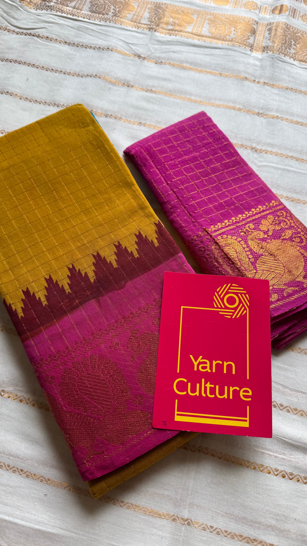 Sungudi cotton checks, mustard yellow base, blue and hot pink dual tone border, soft cotton - YCCOTNMSSE09