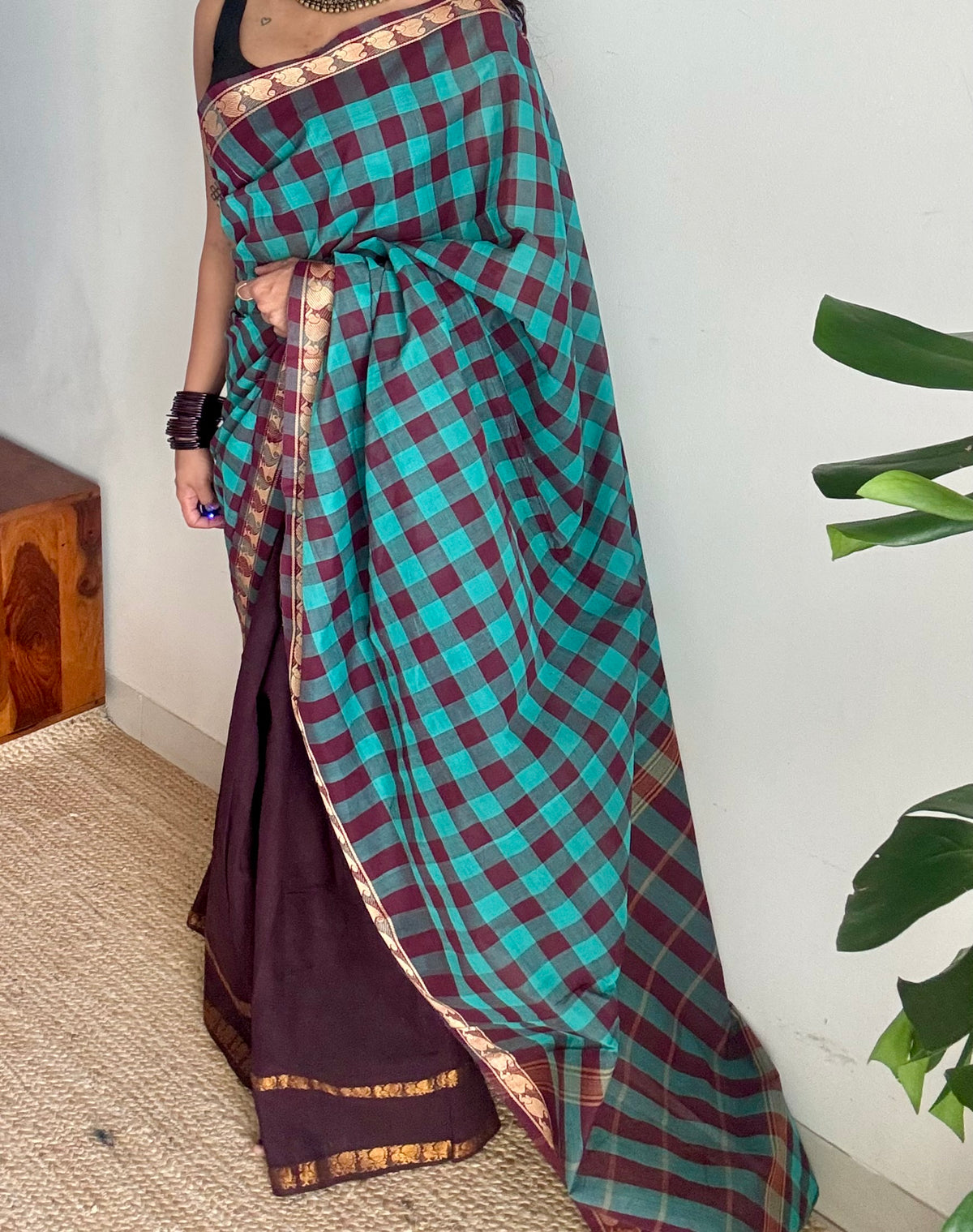 Turquoise multi checks with brown, sungudi and chettinad cotton half-half saree - YCCOTNIDOC35