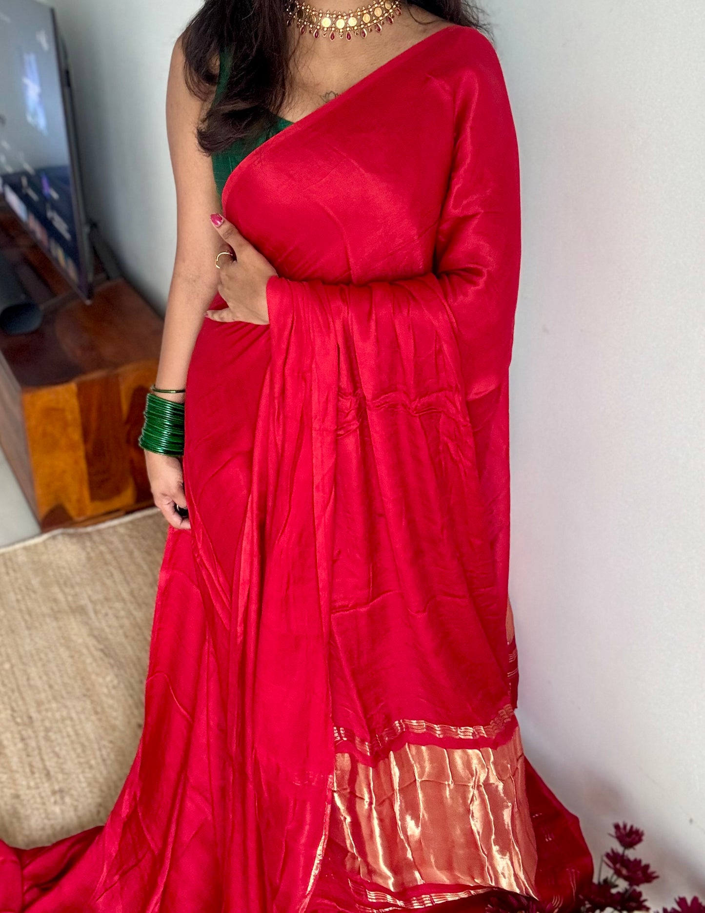Red Modal Silk with Lagadi patta (gold pallu) - YCDESE24