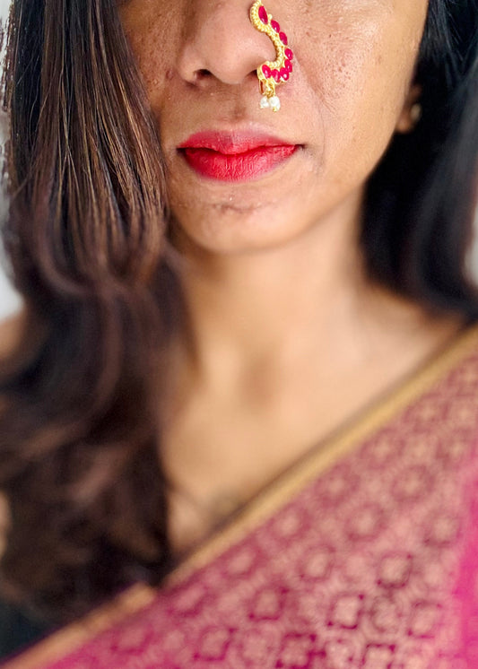 Gold plated, ruby coloured stone, clip on Maharashtrian nath - YCGPNC201