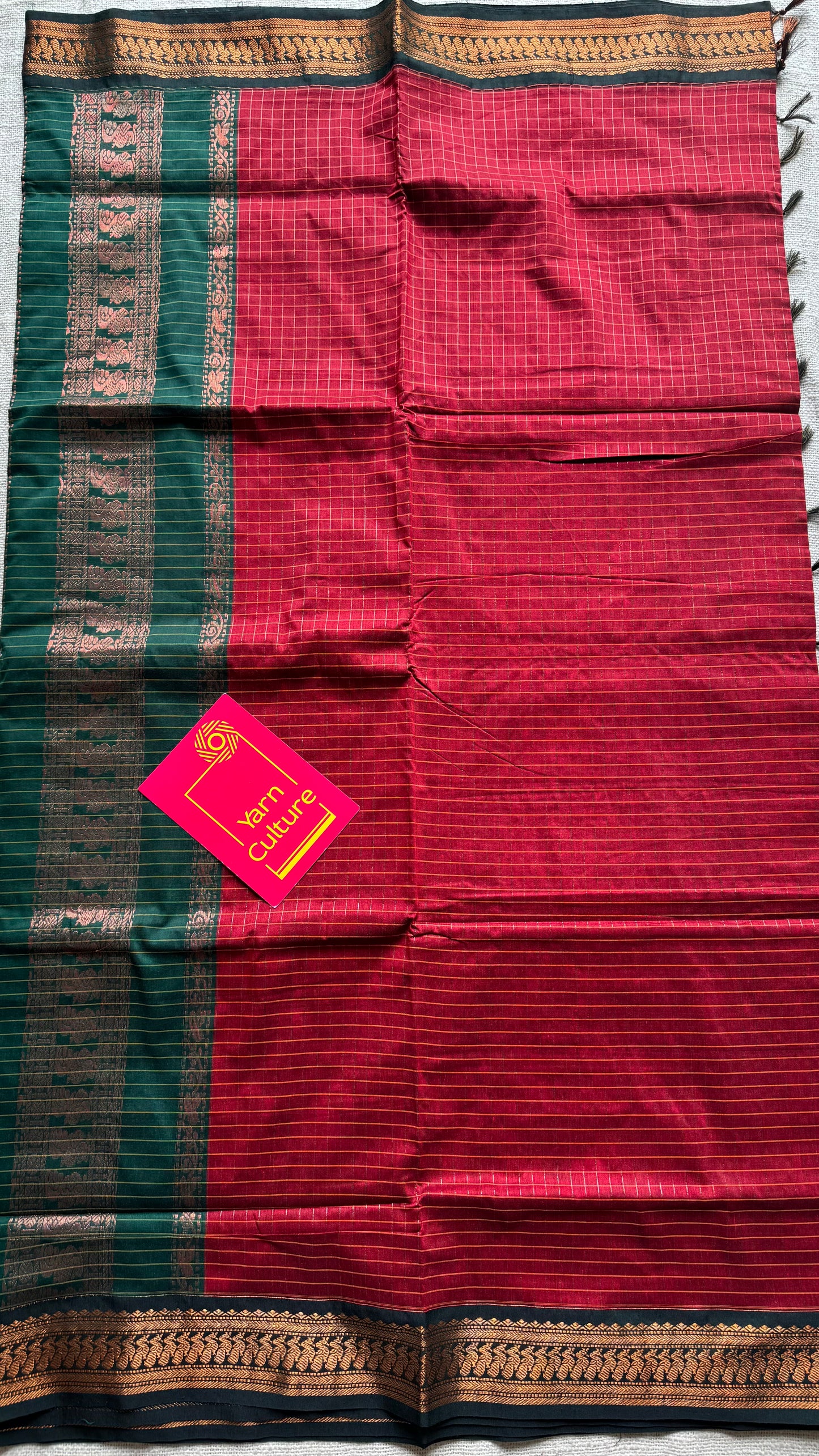 Red with dark green, checks - cotton silk - YCCOTNSEKCS10