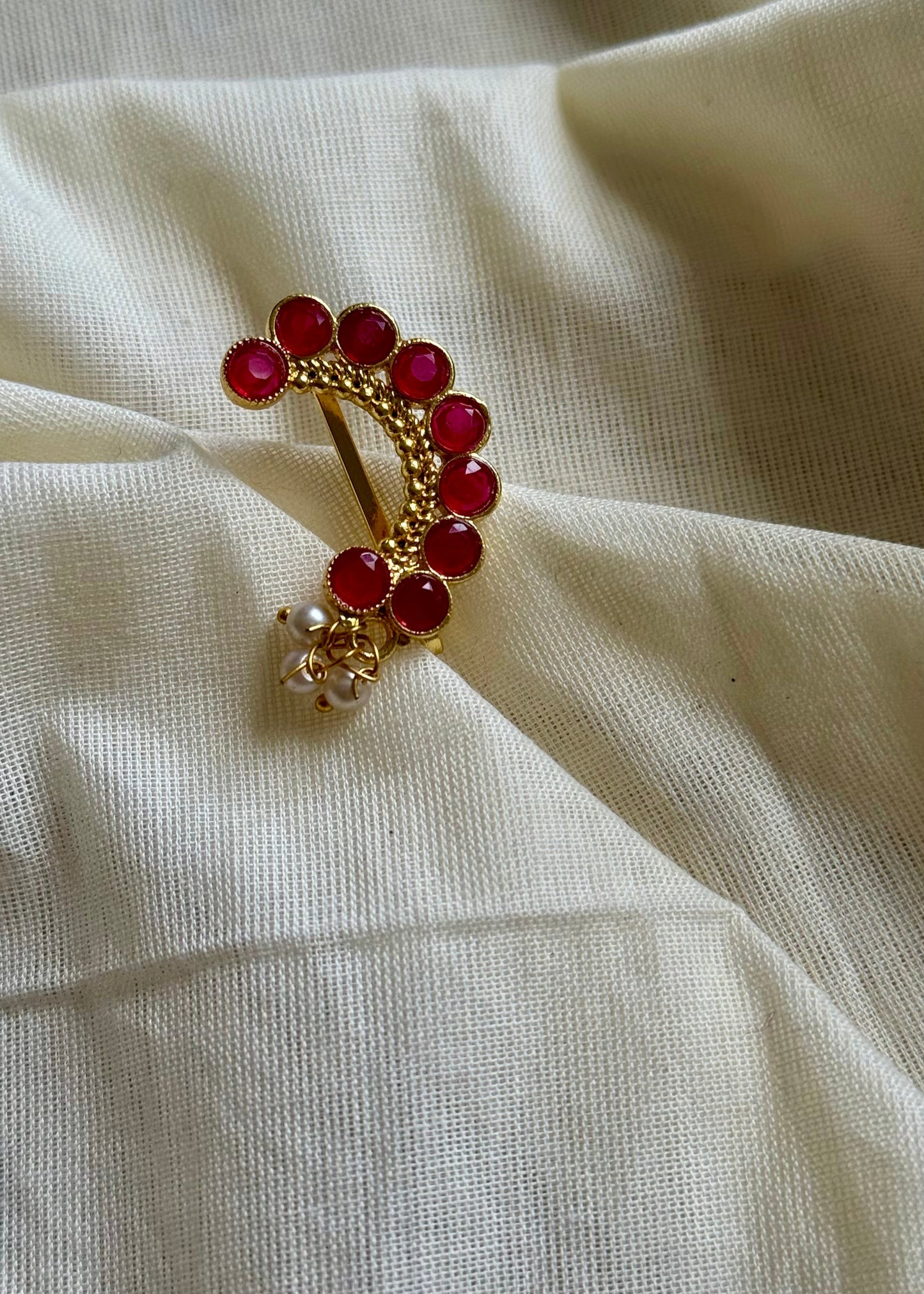 Gold plated, ruby coloured stone, clip on Maharashtrian nath - YCGPNC200