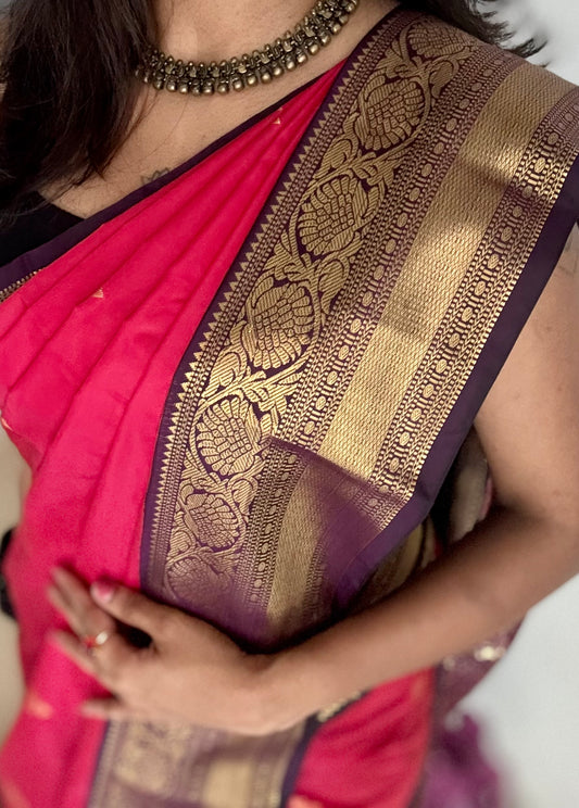 Vamika - rani pink with deep grape purple, handloom korvai semi silk - YCCOTNFEJUKS05
