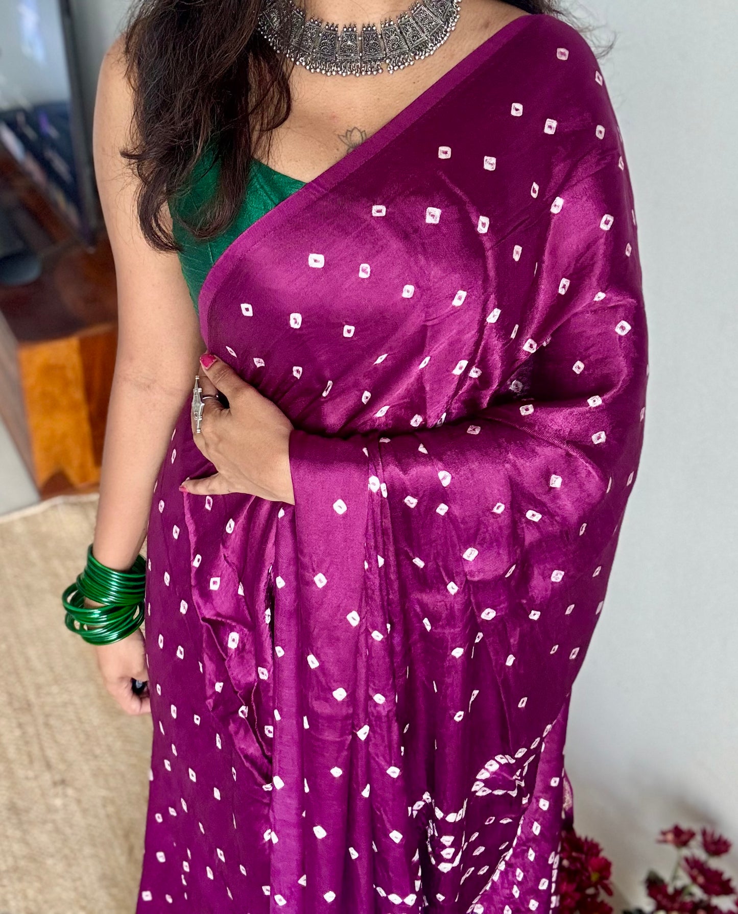 Wine crushed bandhani modal silk with lagdi patta (zari pallu) - YCDESE29