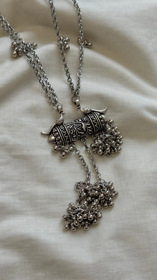 Long gungroo pendant chain, oxidised silver - YCOSNP308