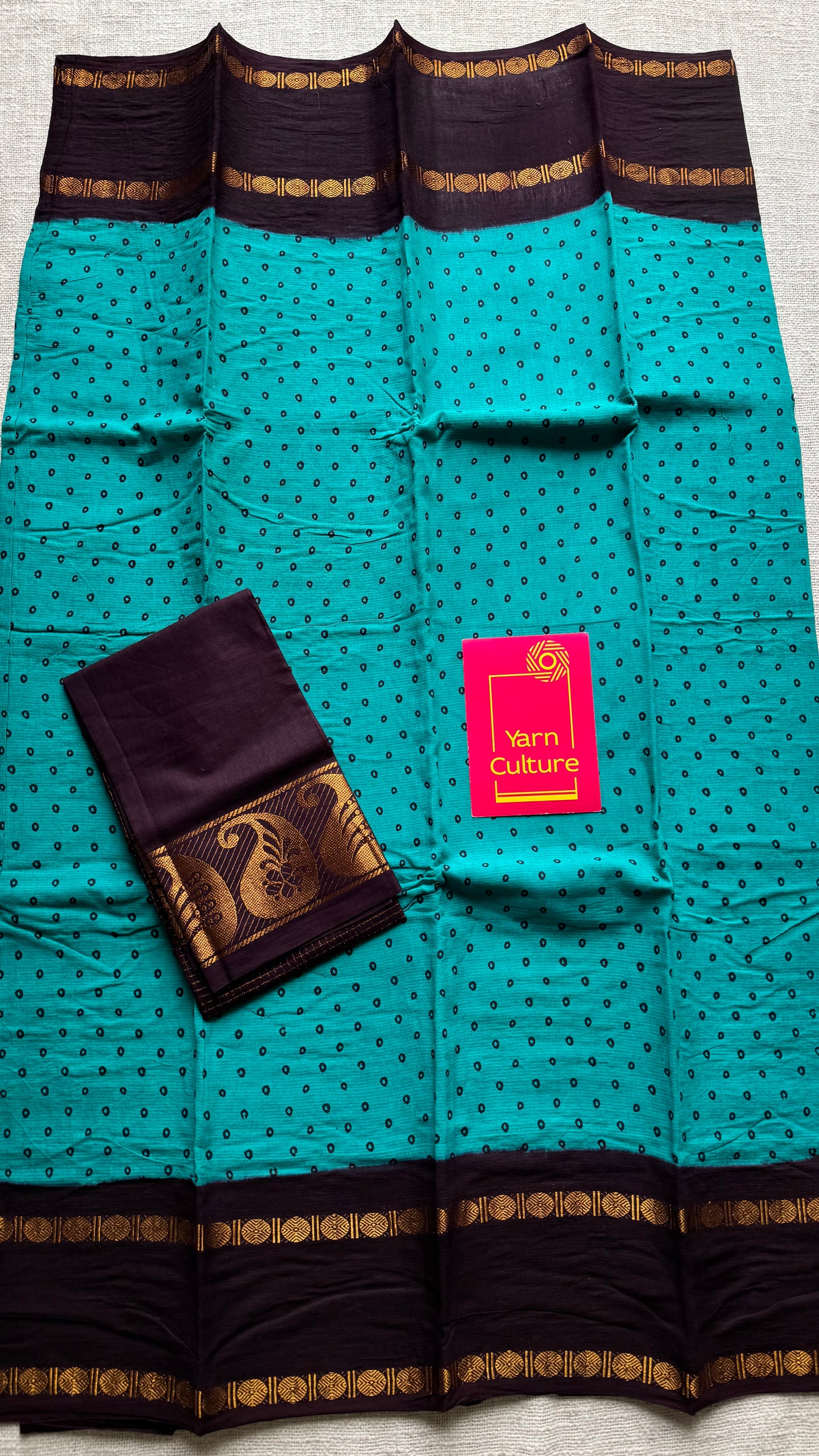 Turquoise with brown, sungudi motif and rudraksham border, madurai soft cotton - YCCOTNAUSC05