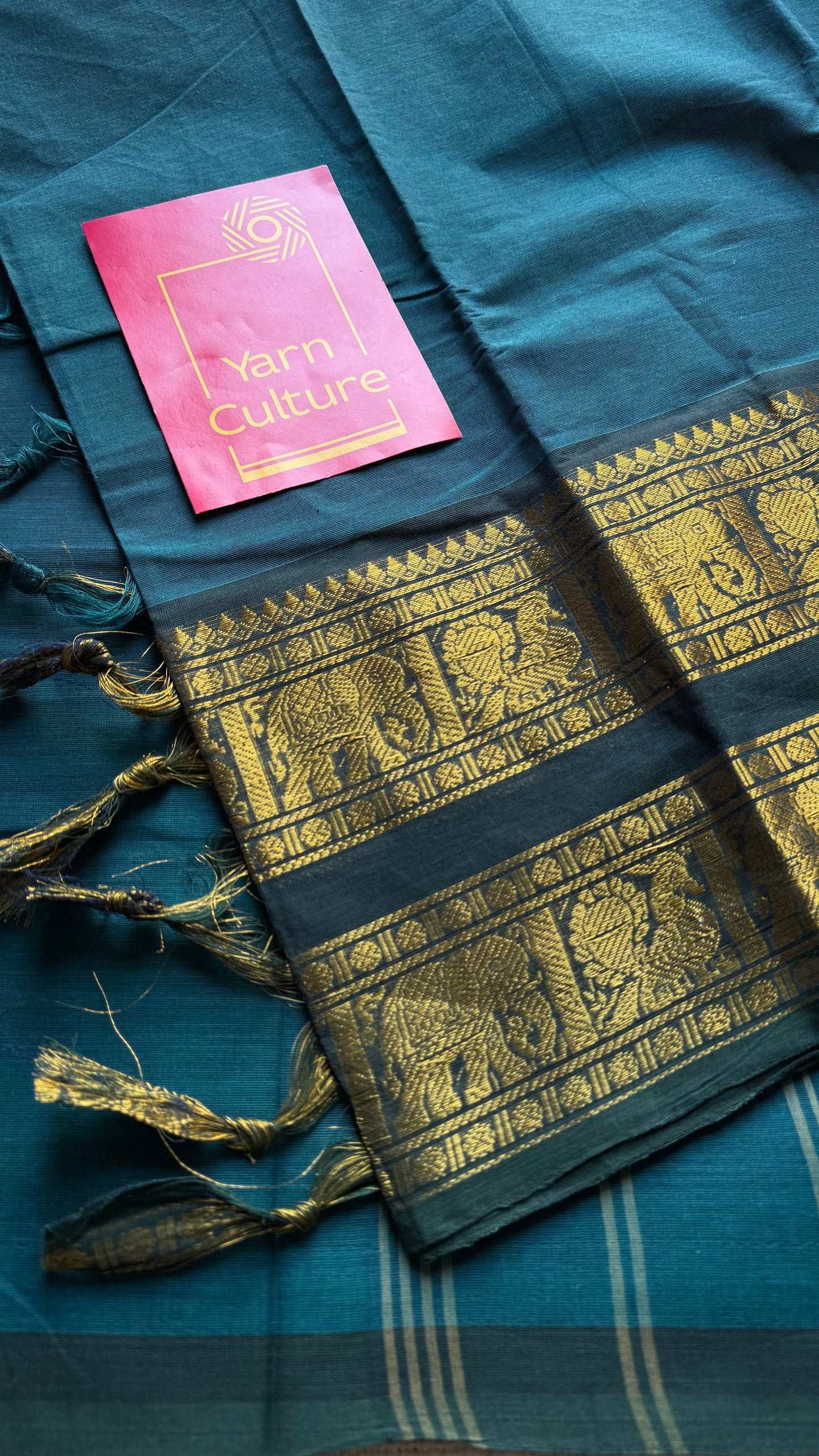 Blue with green wide contrast border, kanchi cotton - YCCOTNKCDE83