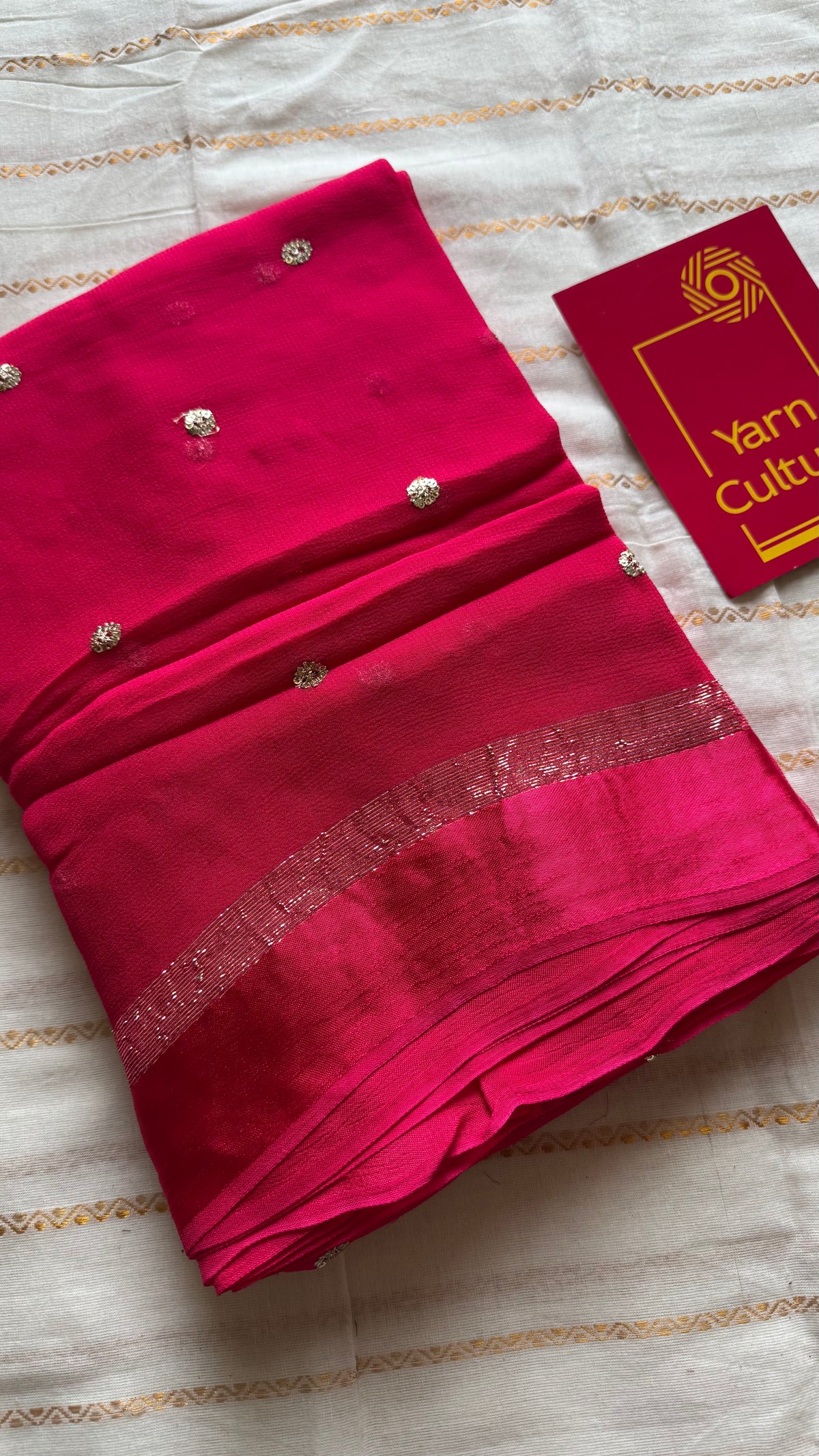 Rani pink viscose georgette saree, gold buttas, satin border - YCDOSOC46