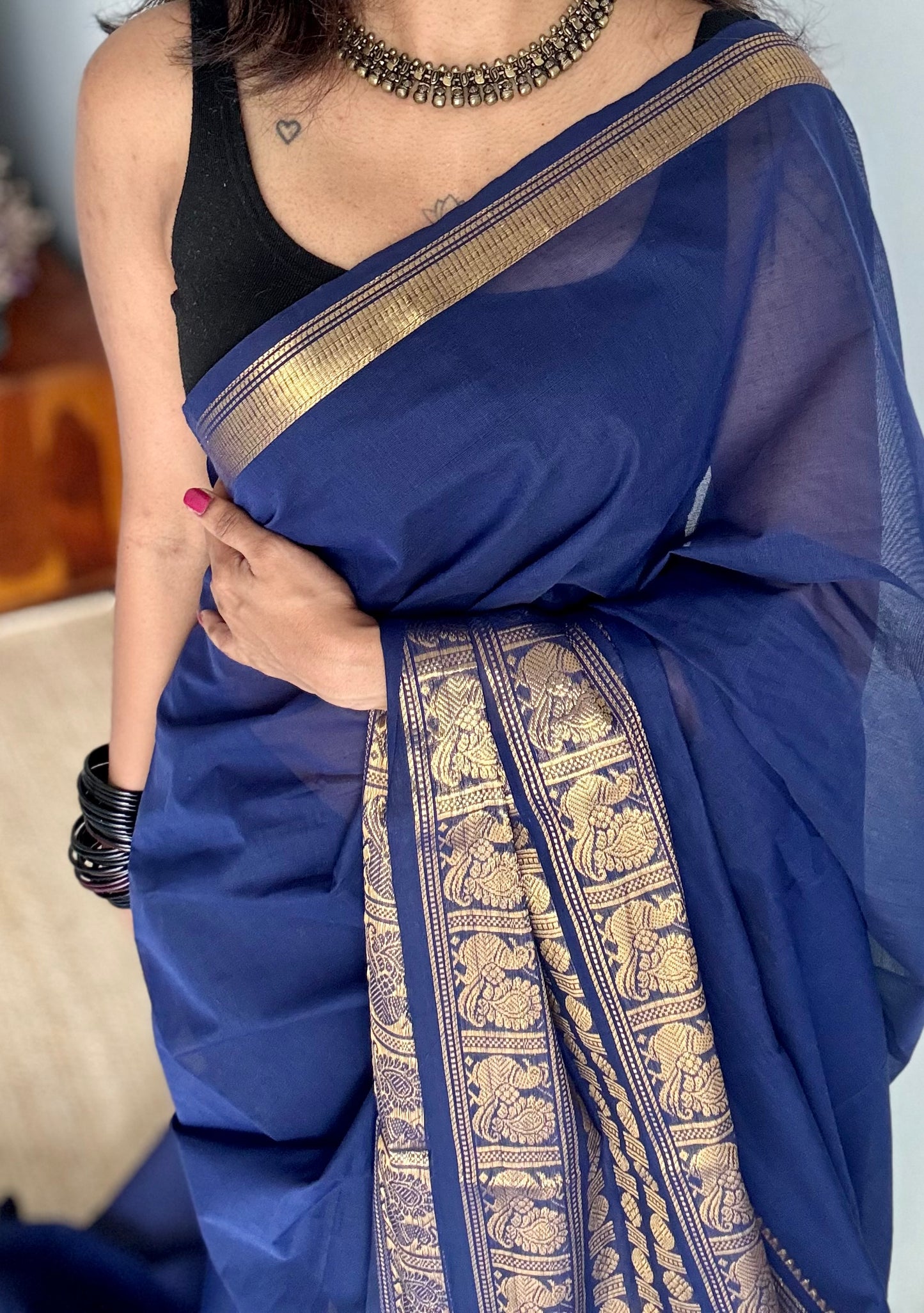 Dark blue with single side broad zari border, chettinad cotton - YCCOTNAUC55