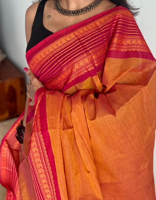 Orange with cherry red contrast thread border, kanchi cotton - YCCOTNOCCC03