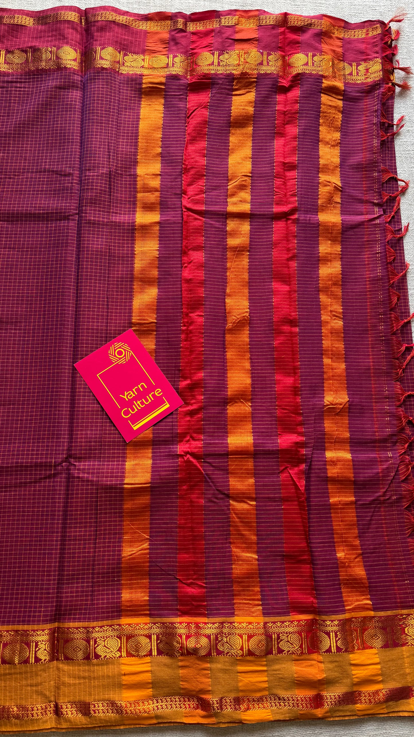 Berry pink checks with red and yellow ganga jamuna borders, premium narayanpet soft cotton - YCWOTDNPJA156