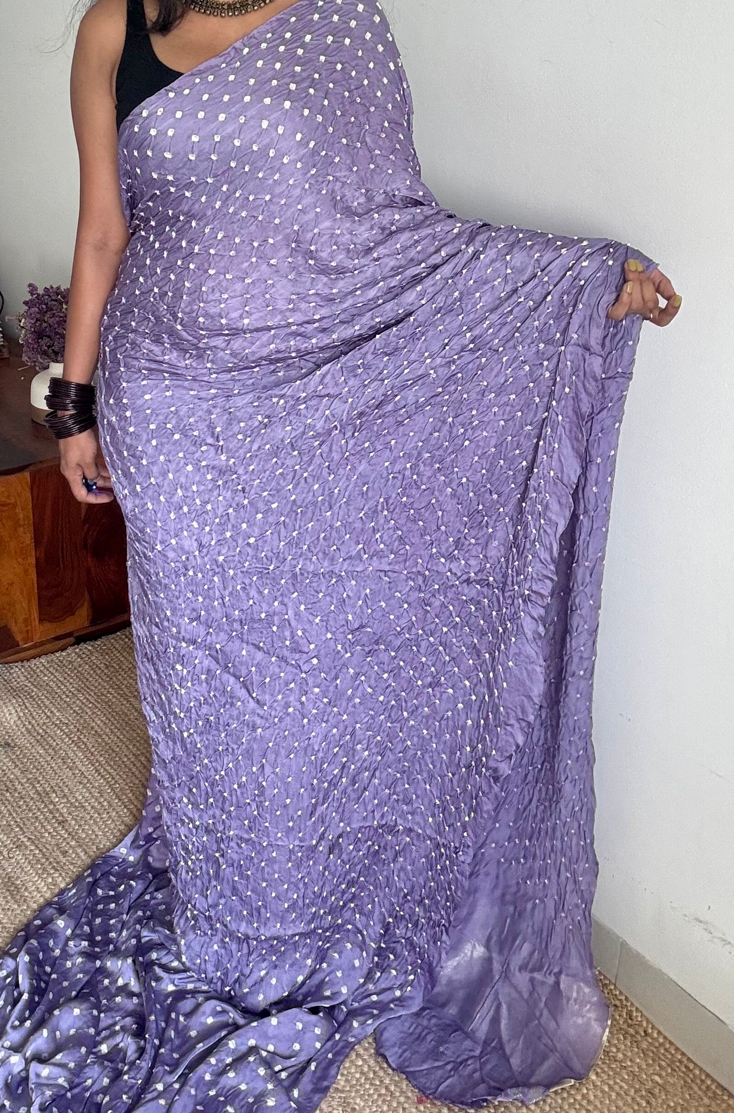 Lavender, crushed bandhej pure modal silk saree with lagdi patta zari pallu - YCTOKBM331