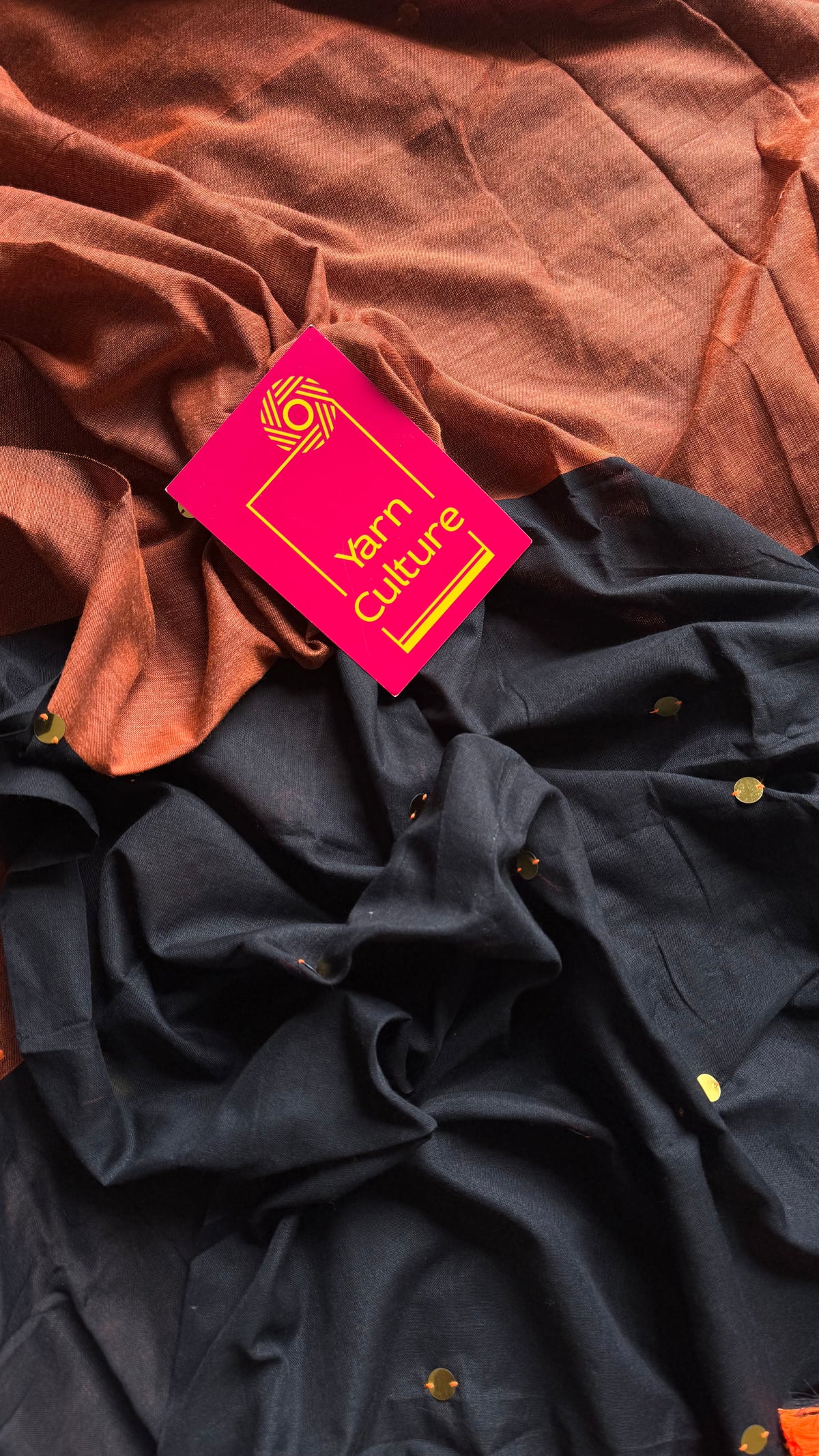 Orange with black contrast pallu, gini sequins, soft cotton saree - YCBCSCOC04