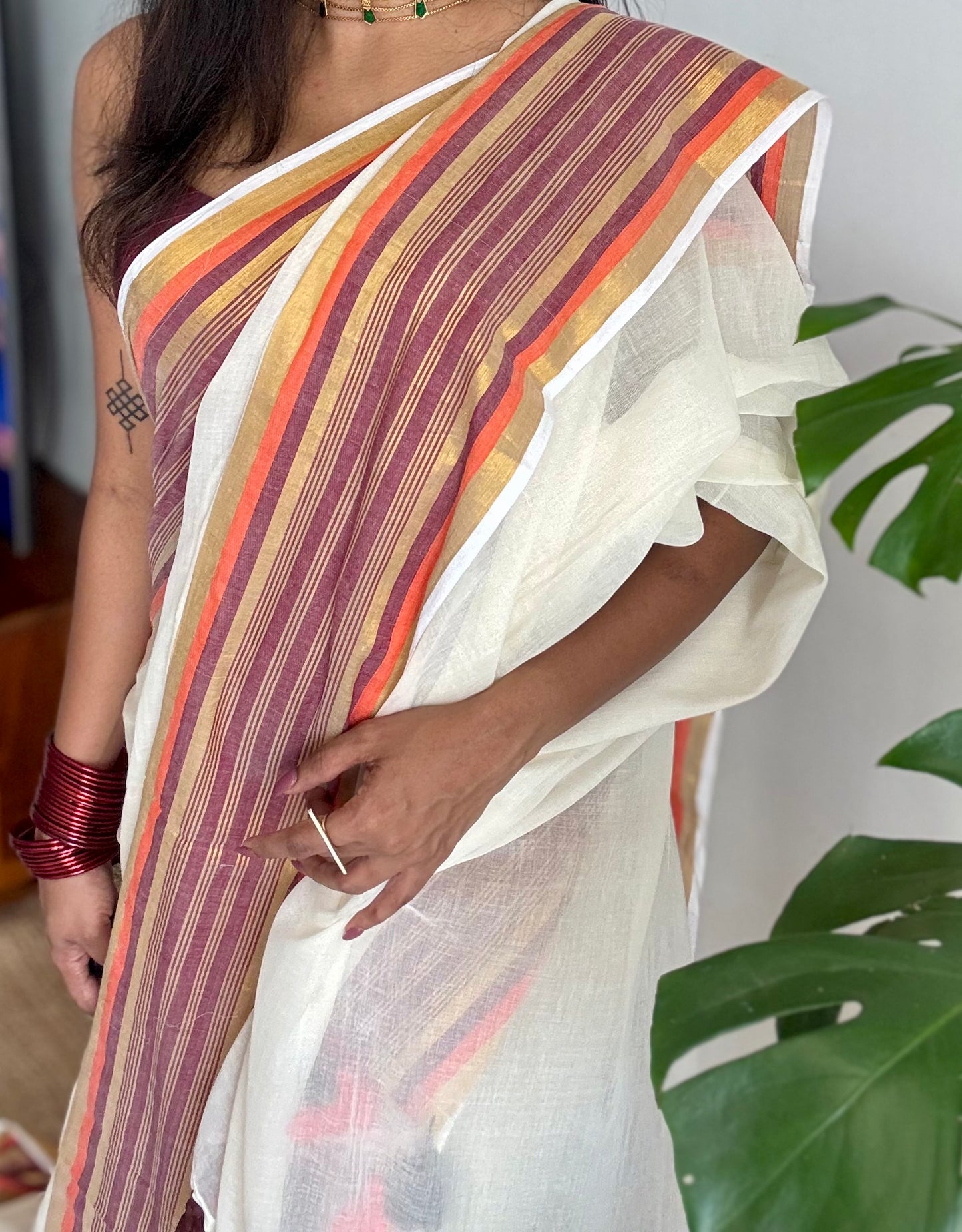Ivory mul saree, deep maroon, orange, gold zari border - YCIEON02
