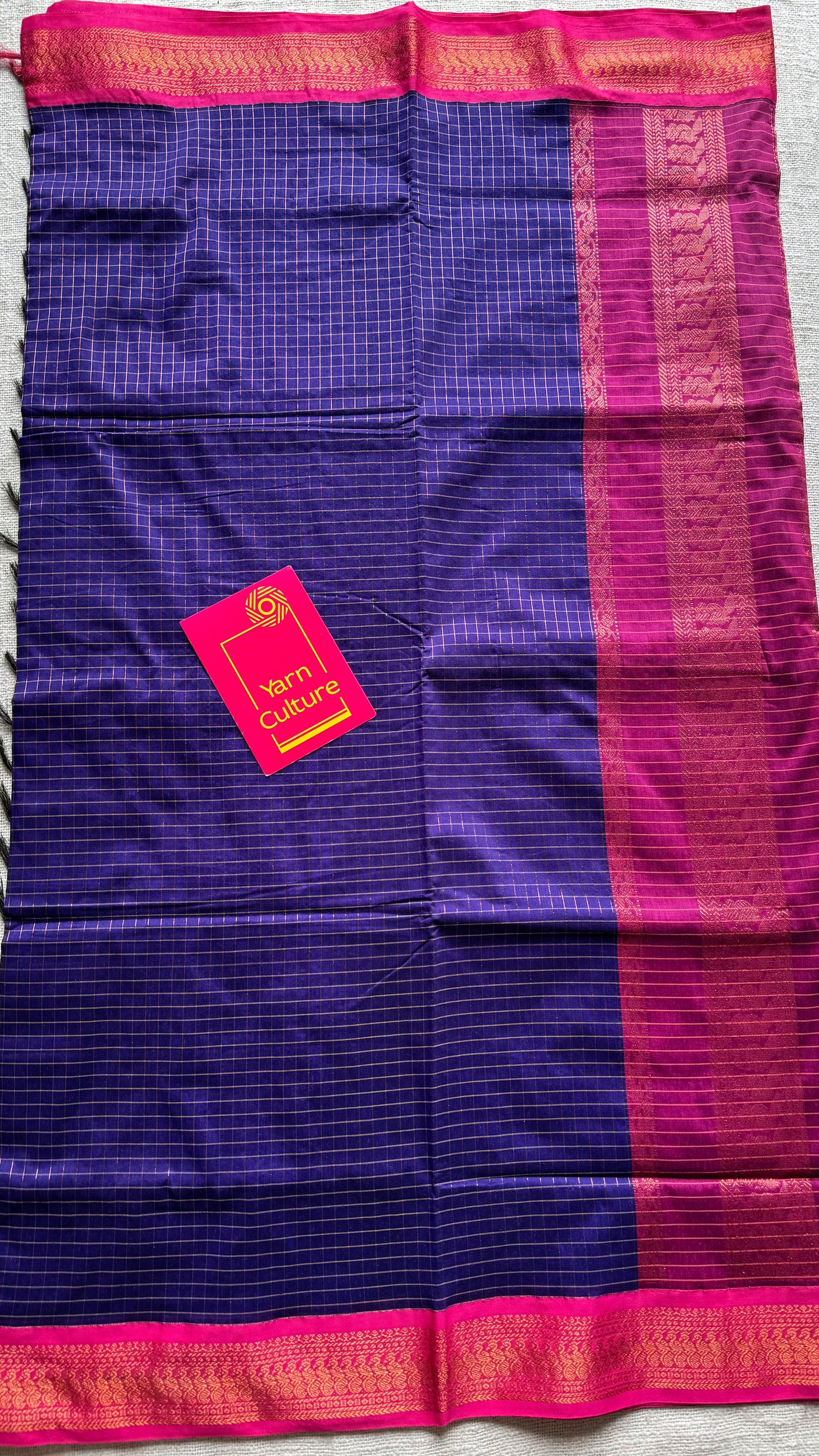 Navy blue with pink, checks - cotton silk - YCCOTNSEKCS13