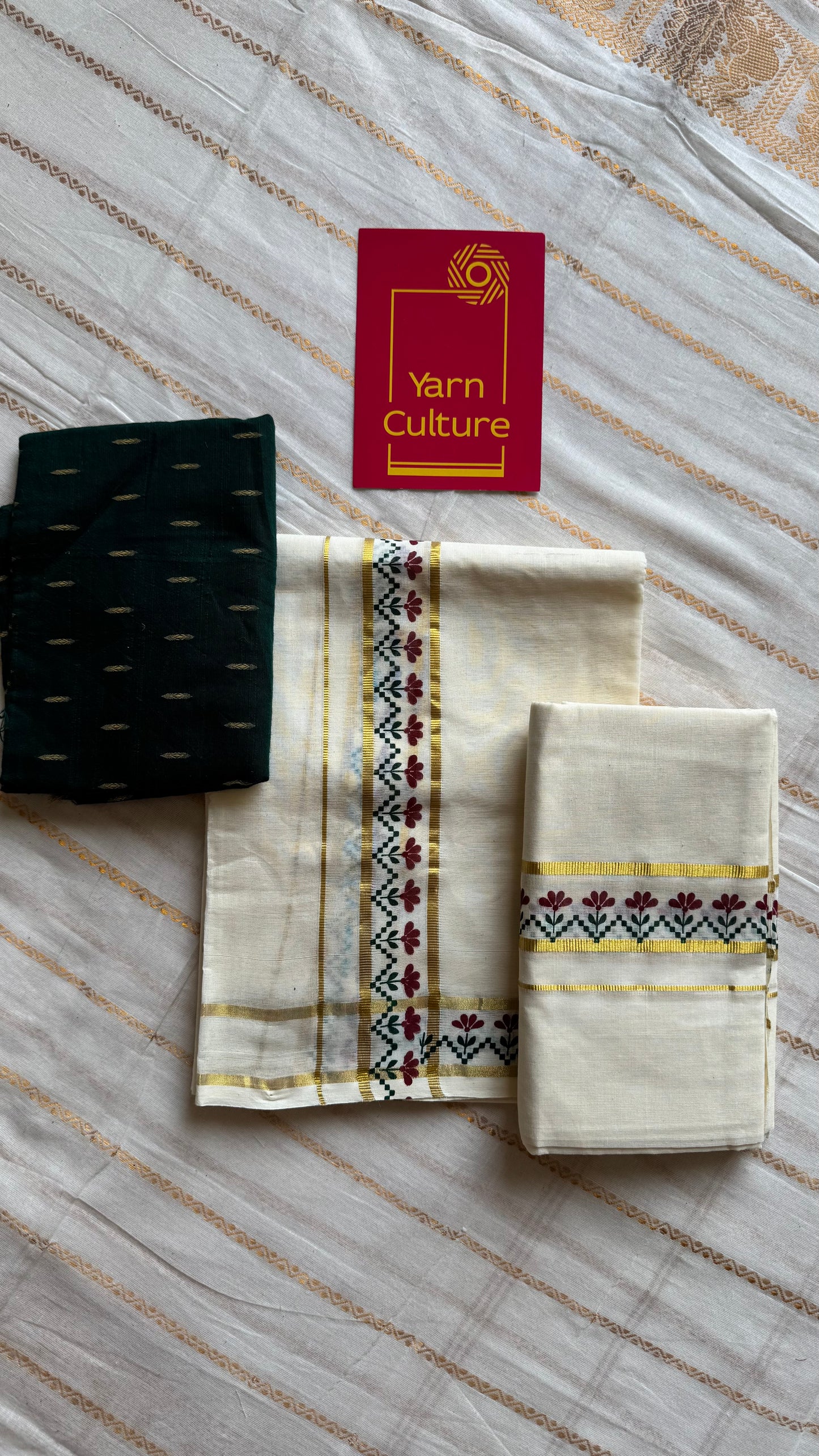 Set mund, maroon and green flowers, gold kasavu gap border - YCIEON107