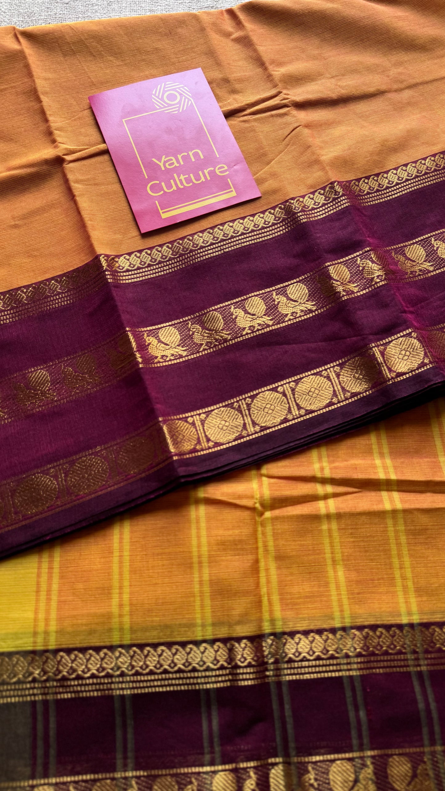 Light orange with maroon contrast border, chettinad cotton - YCCOTNOCCC02