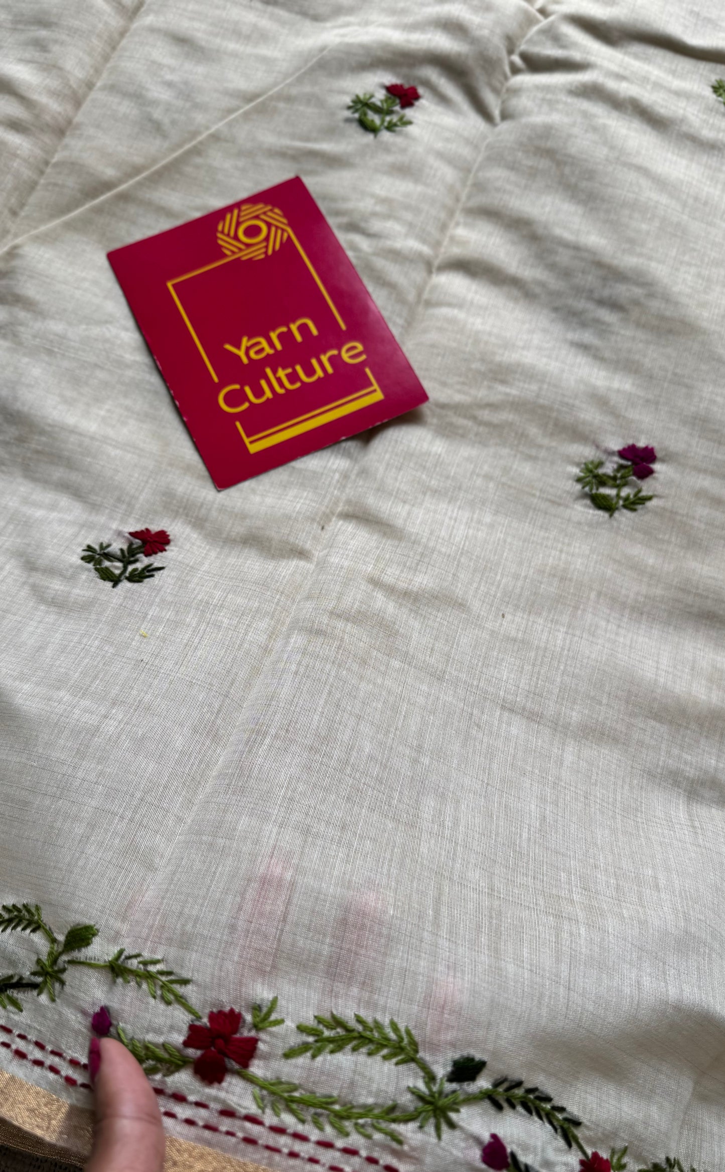 Ivory maheshwari cotton silk blend with red and magenta floral kantha threadwork - YCBLJULMK02